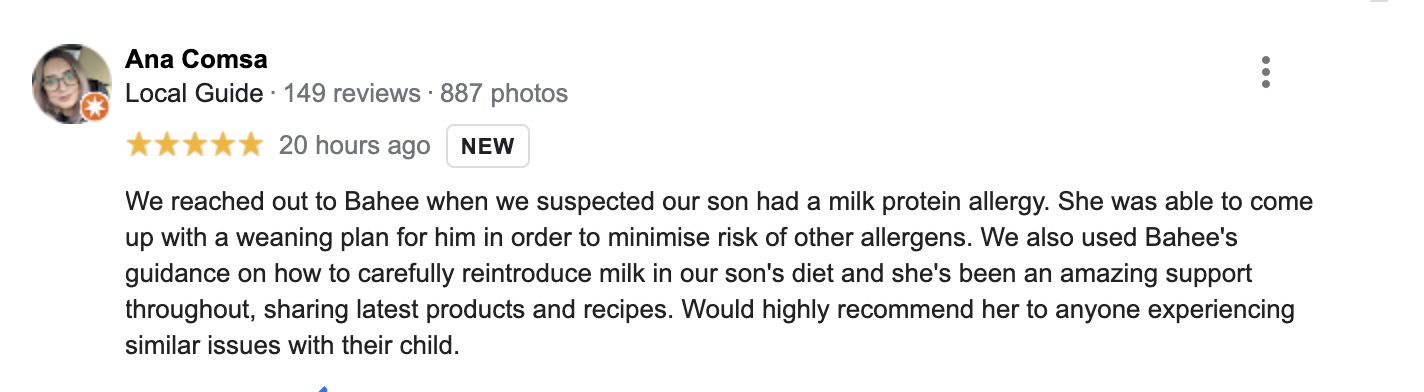 ana comsa google review for milk allergy