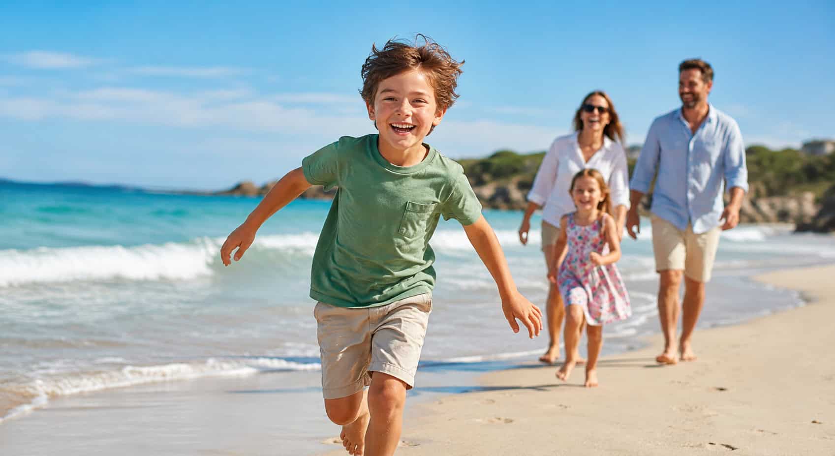Child running happily on beach after specialist gut health support