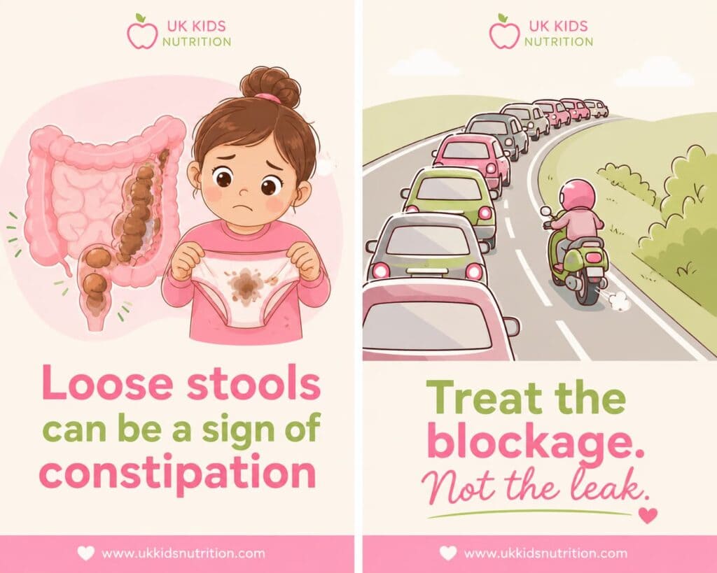Child with overflow constipation showing loose stools and soiling despite underlying constipation