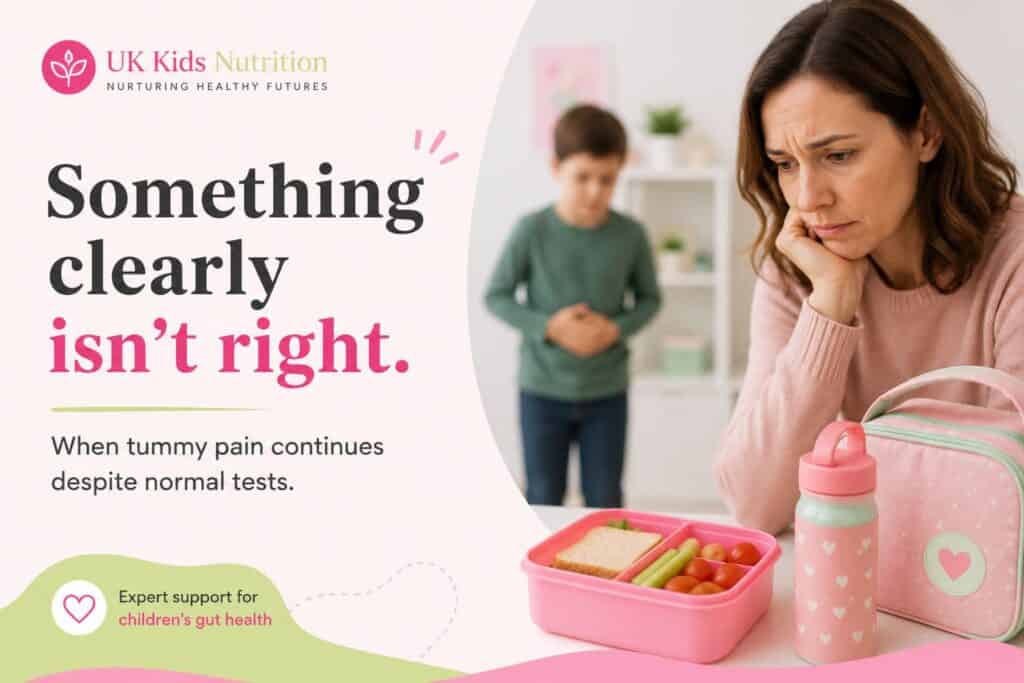 Mother concerned about child with persistent stomach pain despite normal test results
