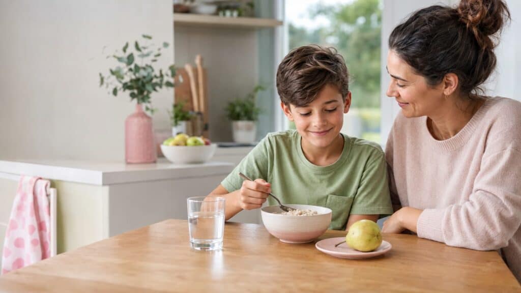 School-age child eating breakfast with his mother while recovering from a stomach bug