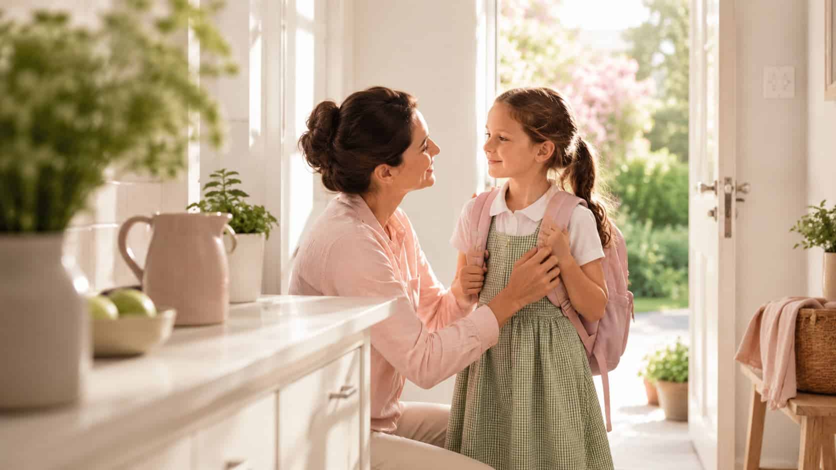 Mother supporting child before school