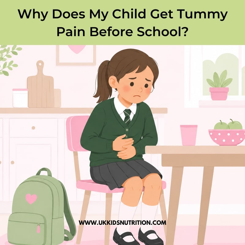 Child in school uniform with tummy pain before school — illustrated by UK Kids Nutrition