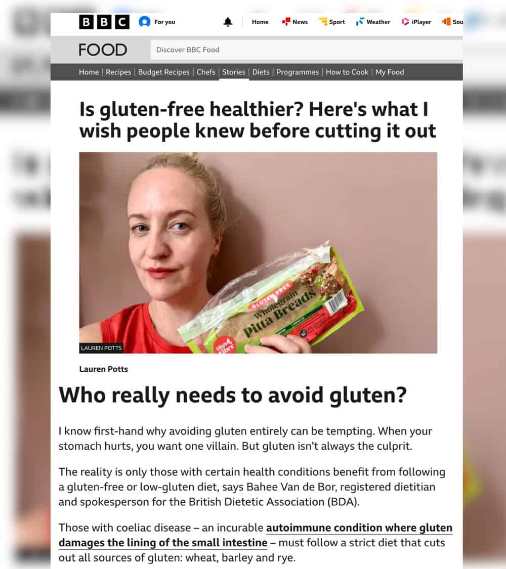 BBC Food article on whether gluten-free is healthier, featuring Bahee Van de Bor, registered dietitian and BDA spokesperson