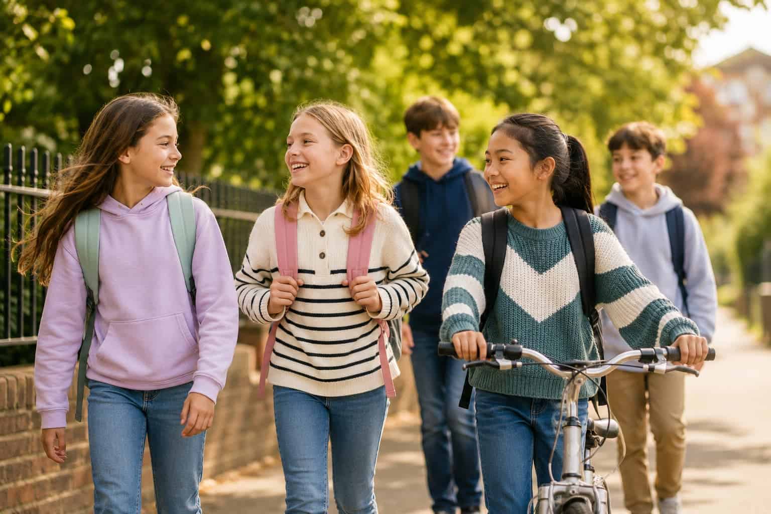 School-age children walking and cycling together with friends, representing confidence and a return to normal childhood after persistent gut symptoms.