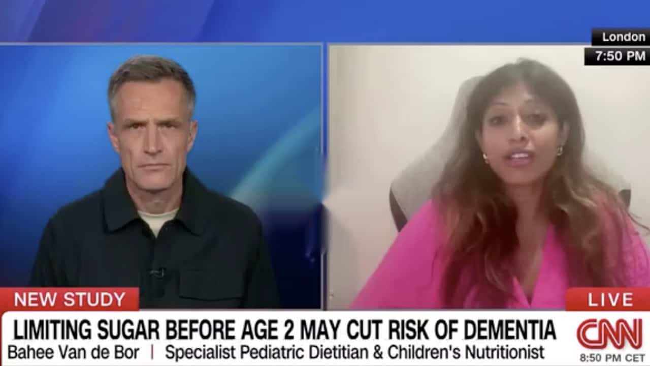 Bahee Van de Bor, specialist paediatric dietitian, interviewed live on CNN International about the study linking limiting sugar before age two to lower dementia risk