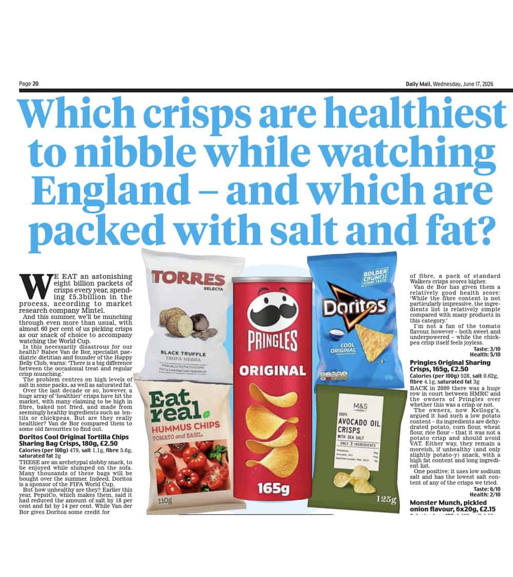 Daily Mail feature on the healthiest crisps, with expert analysis from Bahee Van de Bor, specialist paediatric dietitian