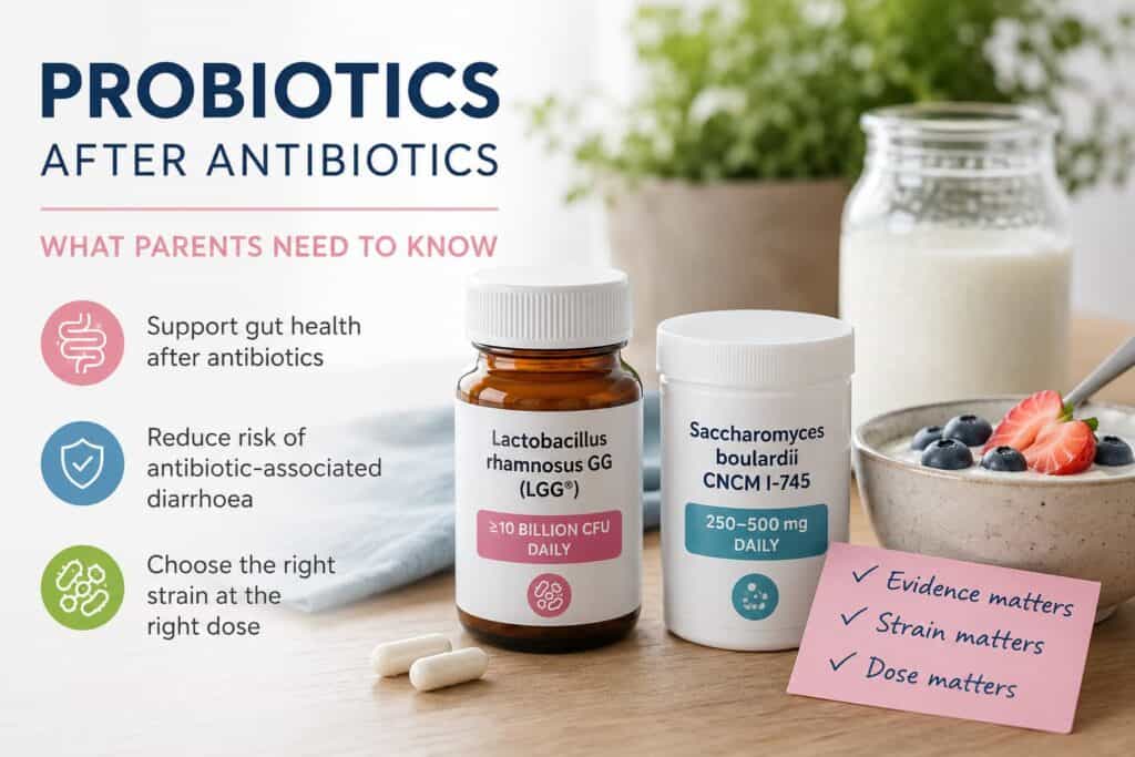 Two probiotic bottles showing LGG and Saccharomyces boulardii CNCM I-745, the two strains recommended for children after antibiotics