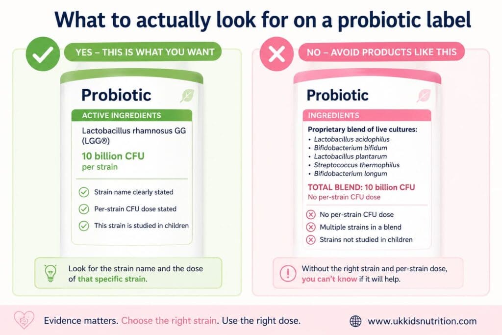 Infographic comparing a good probiotic label showing LGG at 10 billion CFU per strain versus a poor label showing a proprietary blend with no per-strain dose