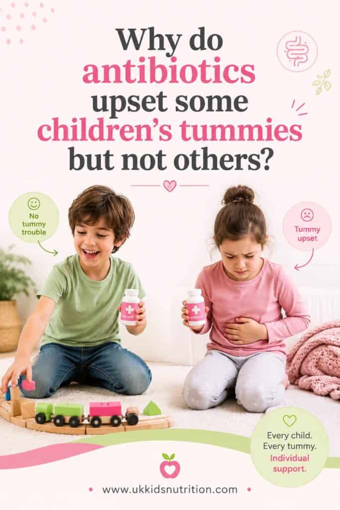 Two children holding antibiotic bottles — one with no tummy trouble, one with tummy upset — illustrating why antibiotics affect children's guts differently