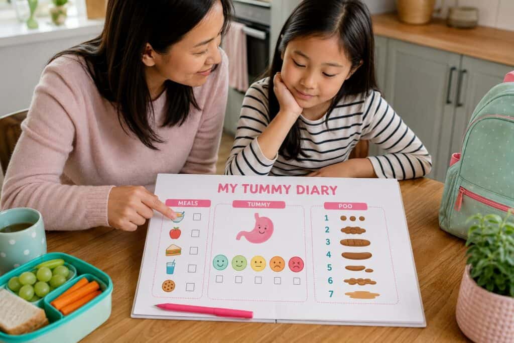 School-age child and mother reviewing a symptom diary together at the kitchen table.