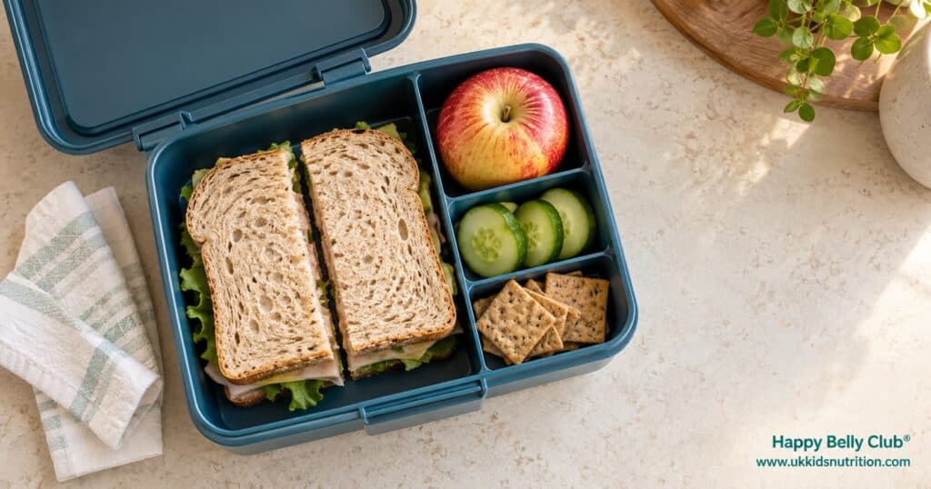 Packed school lunchbox on a kitchen counter, still full at the end of the day